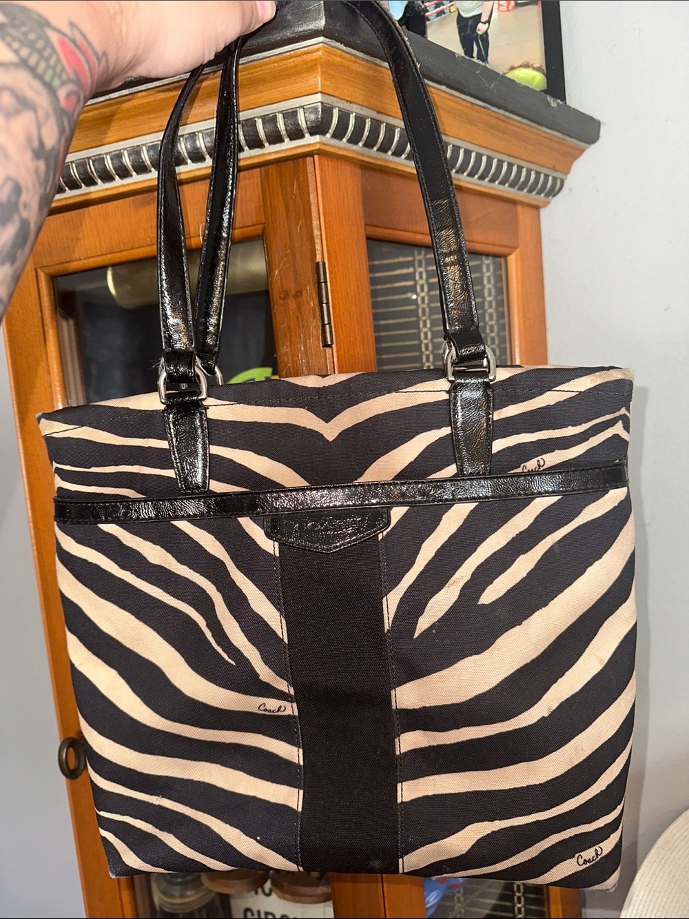 Coach Black and Cream Zebra-Print Canvas Tote with Patent Leather Trim